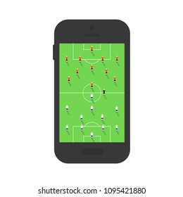 Soccer on mobile phone. Soccer players on the stadium. Vector flat style illustration