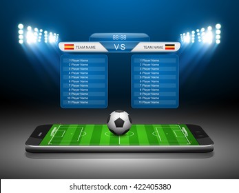 Soccer Online Concept, Football field on the smartphone .Vector illustration