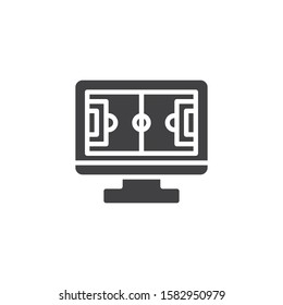 Soccer online vector icon. filled flat sign for mobile concept and web design. Computer monitor with football field glyph icon. Symbol, logo illustration. Vector graphics