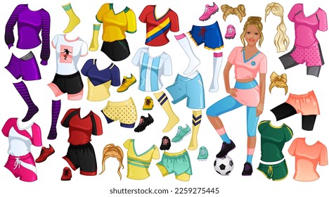 Muñeca de papel de fútbol con mujer hermosa, ropa, peinados y accesorios. Ilustración vectorial