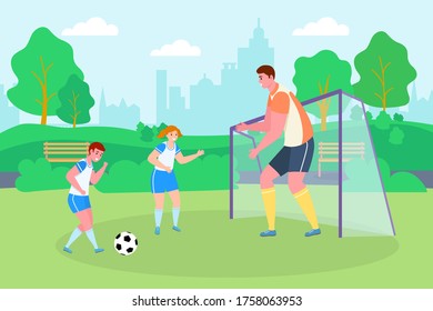 Soccer in park, sport family vector illustration. Son, daughter and father character with ball play football game together. Happy children with parent at nature, summer leisure activity.