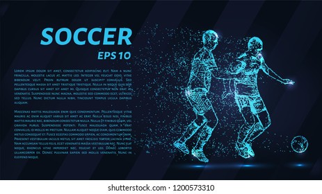 Soccer of the particles carries in the wind. Silhouette of a soccer player from circles.