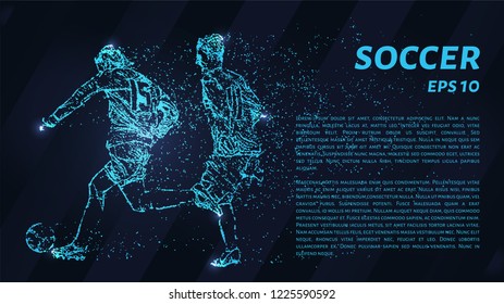 Soccer of the particles carries in the wind. Silhouette of a soccer player from circles. Football of blue glowing dots