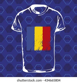 Soccer pattern ball, t-shirt and flag. Hand drawn vector. A soccer ball pattern and a Romania flag. France euro football championship 2016