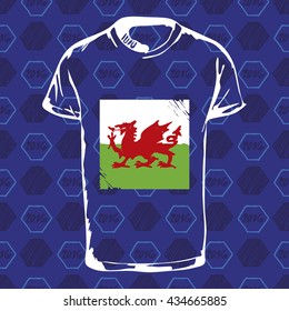 Soccer pattern ball, t-shirt and flag. Hand drawn vector. A soccer ball pattern and a Wales flag. France euro football championship 2016