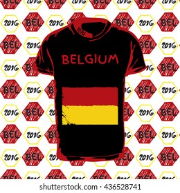 Soccer pattern ball, t-shirt and flag. Hand drawn vector. A soccer ball pattern and a Belgium flag. France euro football championship 2016