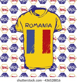 Soccer pattern ball, t-shirt and flag. Hand drawn vector. A soccer ball pattern and a Romania flag. France euro football championship 2016