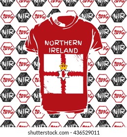 Soccer pattern ball, t-shirt and flag. Hand drawn vector. A soccer ball pattern and a Northern Ireland flag. France euro football championship 2016
