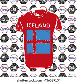 Soccer pattern ball, t-shirt and flag. Hand drawn vector. A soccer ball pattern and a iceland flag. France euro football championship 2016