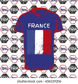 Soccer pattern ball, t-shirt and flag. Hand drawn vector. A soccer ball pattern and a France flag. France euro football championship 2016