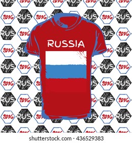 Soccer pattern ball, t-shirt and flag. Hand drawn vector. A soccer ball pattern and a Russia flag. France euro football championship 2016