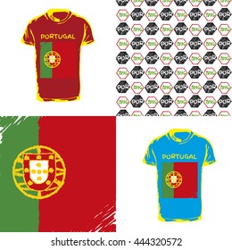 Soccer pattern ball, t-shirt and flag. Hand drawn vector. A soccer ball pattern and a Portugal flag. Euro football championship 2016