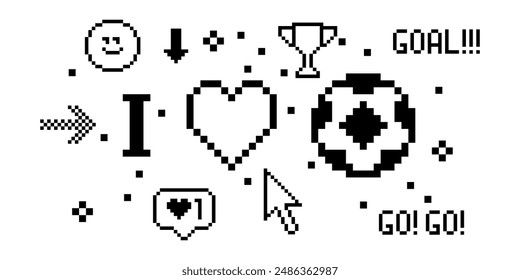 Soccer pixel art 8 bit design. Football. Love sport banner concept. Composition with soccer ball, heart, text Goal. Pixels Y2k trendy playful sticker. Mood of 90's aesthetics. Simple geometric form