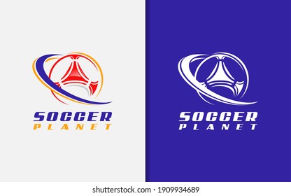 Soccer Planet Logo Design. Abstract Soccer Ball Combine With Geometric Shape Lines. Sport Vector Logo Illustration.