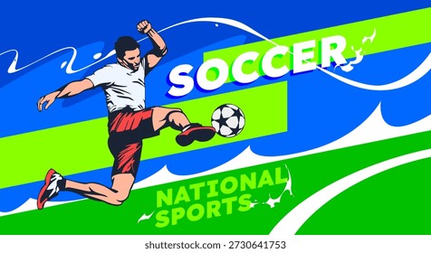 Jugador de fútbol en acción con pelota sobre fondo geométrico dinámico. concepto de silueta de atleta para competición de fútbol, deportes de evento, motivación de ejercicio y póster de deportes de estilo de vida saludable. Deportes