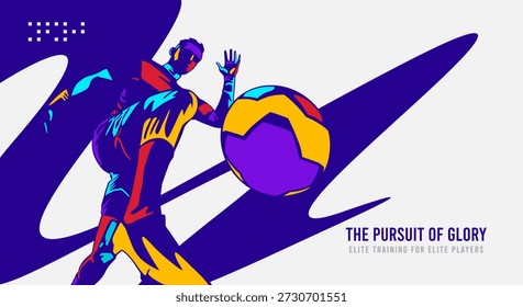 Jugador de fútbol en acción con pelota sobre fondo geométrico dinámico. concepto de silueta de atleta para competición de fútbol, deportes de evento, motivación de ejercicio y póster de deportes de estilo de vida saludable. Deportes