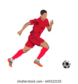 Soccer player in action with ball. Running offensive player in red jersey, vector isolated illustration