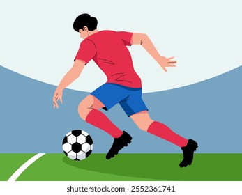 Soccer Player in Action: A dynamic illustration of a soccer player in a red and blue jersey dribbling the ball on a green field, capturing the energy and intensity of the sport.