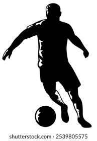 Soccer player in action. Football player with the ball, silhouette vector illustration. Kicking, goal, match, sports.