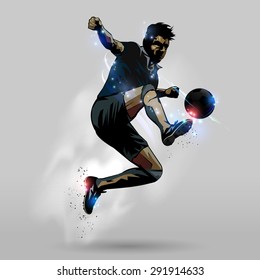 Soccer player in action jumping touch ball design