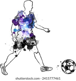 Soccer player in action, kicking ball for winning goal. Football game vector illustration with violet paint splashes and linear silhouettes.