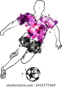 Soccer player in action, kicking ball for winning goal. Football game vector illustration with purple paint splashes and linear silhouettes.