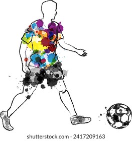 Soccer player in action, kicking ball for winning goal. Abstract vector illustration from rainbow paint splashes and linear silhouettes.