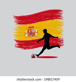 Soccer Player action with Kingdom of Spain flag on background 
