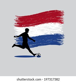 Soccer Player action with Netherlands flag on background 