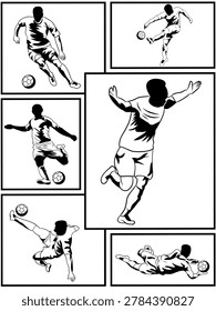 Soccer player action pose collection vector set with kick, dribble, jump, and slide moves for sport design use
