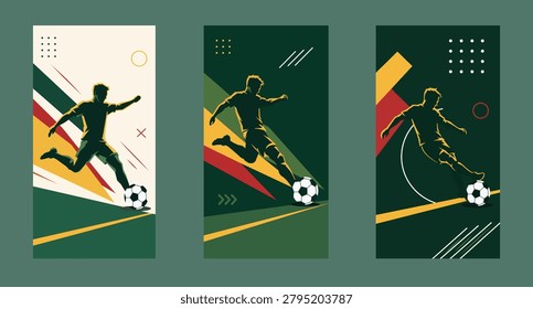 Soccer Player Action Poster Set Featuring Football Championship Tournament Match Performance and Dynamic Sports Graphics