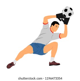 Soccer player in action vector illustration isolated on white background. Football player. Goalkeeper defense position.  Defender sportsman position. Save penalty. Goalkeeper on goal defends penalty.