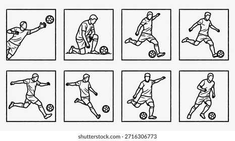 Soccer player actions in linear illustrations showing different playing movements