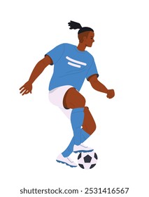 Soccer player. African American man plays European football game. Guy athlete running and hitting ball. Sports and activity. Flat vector illustration isolated on white background