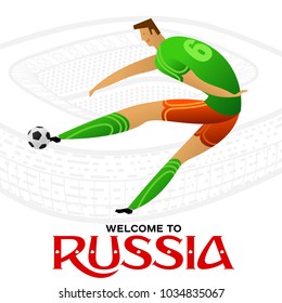 Soccer player against the background of the stadium. Welcome to Russia. Football player in championship. Fool color vector illustration in flat style isolated on white background.