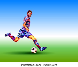 Jugador de fútbol en el fondo del estadio.  Reproductor de fútbol en ilustración vectorial de color completo en estilo triangular aislado en fondo blanco.