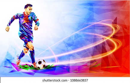 Soccer player against the background of the stadium FIFA world cup. Football player in Russia 2018. Fool color vector illustration in triangular style isolated on white background. Soccer player against the background of the stadium FIFA world cup. Football player in Russia 2018. Fool color vector illustration in triangular style isolated on white background.