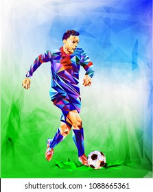 Soccer player against the background of the stadium Football player full color vector illustration in triangular style isolated on white background.