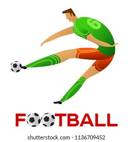 Soccer player against the background of the stadium. Lettering Football. Football player in campionship. Fool color vector illustration in flat style isolated on white background.