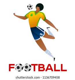 Soccer player against the background of the stadium. Lettering Football. Football player in campionship. Fool color vector illustration in flat style isolated on white background.