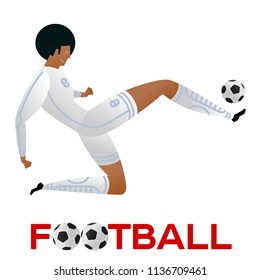 Soccer player against the background of the stadium. Lettering Football. Football player in campionship. Fool color vector illustration in flat style isolated on white background.