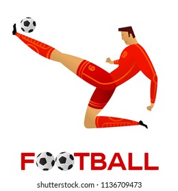 Soccer player against the background of the stadium. Lettering Football. Football player in campionship. Fool color vector illustration in flat style isolated on white background.