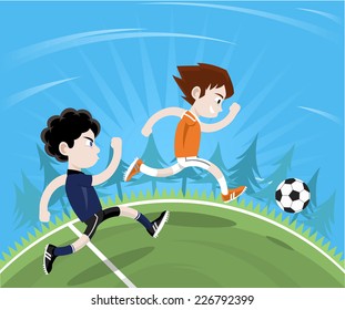 Soccer player anticipating football move going to the ball first. Vector illustration cartoon. 