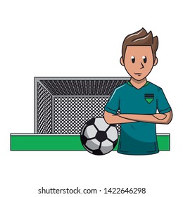 Soccer player with arms crossed and ball on playfield with goal cartoon vector illustration graphic design