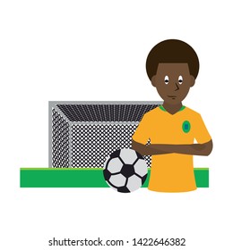 Soccer player with arms crossed and ball on playfield with goal cartoon vector illustration graphic design