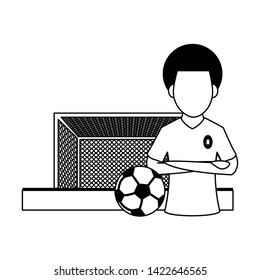 Soccer player with arms crossed and ball on playfield with goal cartoon vector illustration graphic design