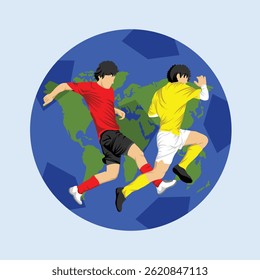 Soccer Player Athlete with Ball and Earth Globe Background Vector