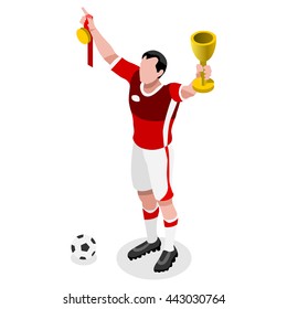 Soccer Player. Athlete Football Winning Player. World Soccer Championship. Concept events Spirit. Football Match People Set Competition. Euro European Cup insight. Isometric 3d flat Cup Vector Image