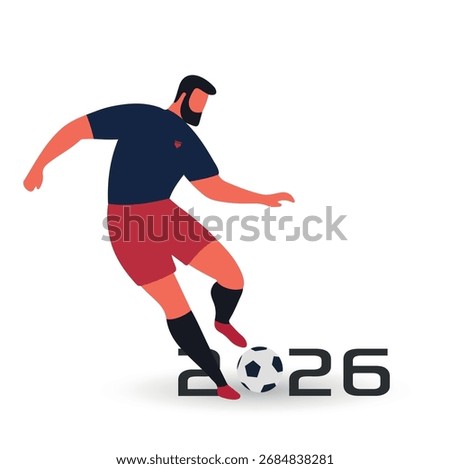 Soccer Player with Ball and 2026 Year Vector Illustration, sports posters, fan merchandise, and creative projects related to soccer events.