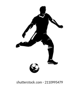 Soccer player with ball, black isolated image on white background, template for football concept. Vector illustration